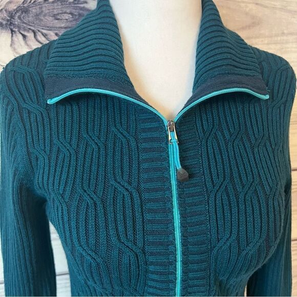 Eddie Bauer Teal Ribbed Cable Knit Full Zip Long Sweater Jacket - Picture 2 of 10